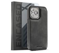 ENCASED Flip Wallet Compatible with iPhone 14 Pro Max Case with Card Holder Folio and Wrist Strap (Screen Protector Included) Black