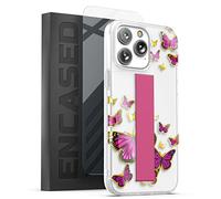 ENCASED Hand Grip Case Designed for iPhone 14 Pro Case with Finger Loop and Tempered Screen Protector (Pink Butterfly)