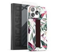 ENCASED Hand Loop Case for iPhone 14 PRO Case with Strap and Tempered Screen Protector (Maroon Green Leaf)