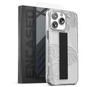 Encased Hand Strap Case Designed for iPhone 14 Pro Max Case with Finger Loop Grip and Screen Protector (White Lace Leaf)