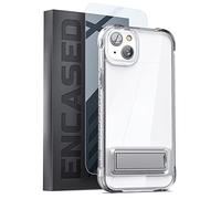 ENCASED Kickstand Case for iPhone 14 with Stand (Durable Metal Alloy) Ultra Shockproof Armor Cover with Screen Protector (Anti Yellowing/Crystal Clear)