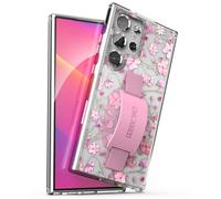 ENCASED Loop Case Designed for Samsung Galaxy S24 Ultra Floral Hand Strap Cover with Grip Phone Holder (Clear/Pink Flowers)
