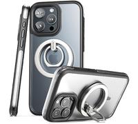 Encased MAG-AIR Designed for iPhone 15 Pro Max Case with Finger Ring Grip/Kickstand Phone Stand - Perimeter AirGuard Technology, Black/Clear (Compatible with MagSafe)