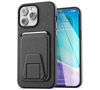 Encased MAG Case Wallet Set - Designed for iPhone 14 PRO Leather Case with Screen Protector and Card Holder w/Magnetic Kickstand (Compatible with MagSafe) Black
