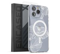 Encased Magnetic Case Designed for iPhone 14 PRO Clear Case with Design with Screen Protector - Compatible with MagSafe Phone Accessories (White Lace Leaf)