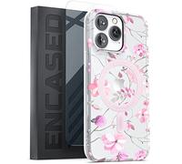 ENCASED Magnetic Case Designed for iPhone 14 PRO with Screen Protector - Compatible with MagSafe Phone Accessories (Pink Flowers)