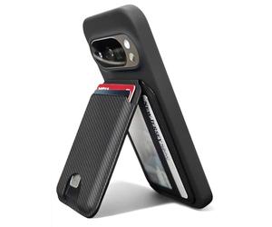 ENCASED Magnetic Wallet for Google Pixel 10, 10 Pro XL, Compatible with PixelSnap Magnet Cases - Bifold Nugan Leather Card Holder with ID Display Pocket (Kickstand Phone Stand) Carbon Fiber Black