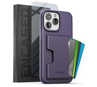 Encased Shockproof Wallet Case Designed for iPhone 14 PRO with Card Holder and Screen Protector (4 Credit Cards/IDs) - Purple