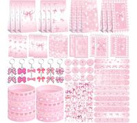 ENCETARDE Pink Bow Party Favors, 12 Goodie Bags, 12 Mini Notepads, 12 Rubber Bracelets, 50 Stickers, 12 Keychain, 12 Button Badges, 12 Slap Bracelets for Coquette Birthday Decoration, 122PCS