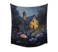 Enchanted Cottage Garden Wall Tapestry Twilight Floral Evening Scene Art Cozy Rustic Cottage Decor for Bedroom Living Room Dreamy Oil-Painting Home Aestheticwhite50x60inch