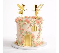 Enchanted Fairy Garden Cake Topper Set - 4 Pieces (2 Fairies, Enchanted Door & Window) - Gold Mirror 3mm Thick - Perfect for Enchanted, Fairy Tale & Garden Theme Cakes