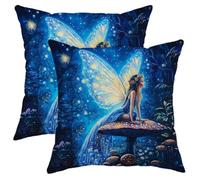 Enchanted Fairy Pillow Covers Set of 2, Blue Magic Wings Decorative Cushions, Spring Fantasy Home Decor for Sofa Bed Couch 16x16 Inch