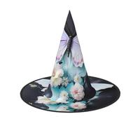 Enchanted Flower Cottage Halloween Witch Hat, Pointed Wide Brim Cosplay Hat | woven oxford cloth, all-over printed surface, one size adult fit, for halloween costume and themed events
