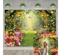 Enchanted Forest Backdrop Green Spring Butterfly Flower Photography Background Princess Fairy Tea Party Birthday Party Cake Table Decoration Banner (7X5FT (210x150cm))