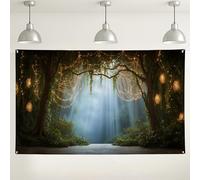 Enchanted Forest Backdrop, Magical Fairy Lights Nature Scene Decor, Green and Brown Photography Background for Parties, Outdoor Events, Weddings 71x43 Inch
