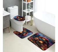 Enchanted Forest Bathroom Mat Sets 3 Piece, Fairy Tale Mushroom Design Soft Non Slip Toilet Rugs U Shaped Washable, Spring Floral Quick Dry Memory Foam Bathroom Rug Set