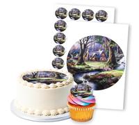 Enchanted Forest Cottage Scene Blue, 1 Round 8" & 24 2" Edible Toppers Set
