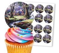 Enchanted Forest Cottage Scene Blue, 12 Edible Paper 2.5" Cupcake Toppers