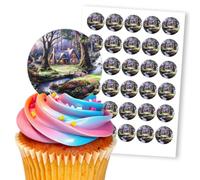 Enchanted Forest Cottage Scene Blue, 30 Edible Paper 1.5" Cupcake Toppers