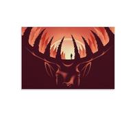 Enchanted Forest Deer Head Sunset Art Print, Mystical Nature Landscape Wall Decor, Fantasy Wildlife Illustration for Home Office Living Room, Aesthetic Decorative Poster, UnFrame-20x30inch(50x75cm)