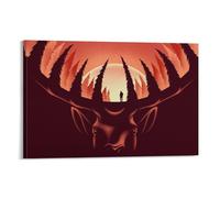 Enchanted Forest Deer Head Sunset Art Print, Mystical Nature Landscape Wall Decor, Fantasy Wildlife Illustration for Home Office Living Room, Aesthetic Decorative Poster, Frame-20x30inch(50x75cm)
