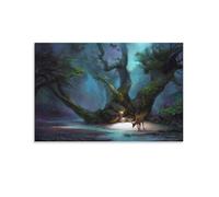 Enchanted Forest Deer Wall Art, Mystical Night Scene with Flowing Stream And Ancient Trees, Fantasy Landscape Poster for Living Room Bedroom Decoration, Home Decor Print UnFrame-12x18inch(30x45cm)