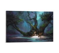 Enchanted Forest Deer Wall Art, Mystical Night Scene with Flowing Stream And Ancient Trees, Fantasy Landscape Poster for Living Room Bedroom Decoration, Home Decor Print Frame-12x18inch(30x45cm)