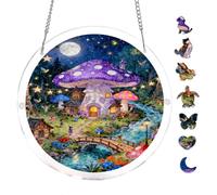 Enchanted Forest Fairy Village Night Scene 7.8x7.8in Round Acrylic Hanging Puzzle