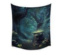 Enchanted Forest Glowing Book Stack Wall Tapestry Luminous Fireflies Glowing Mushrooms Mystical Mist Whimsical Critters Tall Tree Canopy Soft Fabric Cozy Magical Literary Decorwhite70x90inch