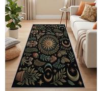 Enchanted Forest Hallway Runner Rug, Vintage Totem Woodland Plant Mushroom Soft Durable Washable Doormat for Living Room Kitchen, 65 x 240 cm Non-Slip Low Pile Rug for Hardwood Floors, Black Brown