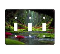 Enchanted Forest Light Switch Cover Plates/Outlet Covers, Lush Green Nature with Red Mushrooms for Home Decor, Thermoplastic Wall Plates, Standard Size Triple Toggle