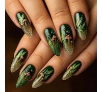Enchanted Forest Press On Nails with Glittery Brown Gradient & Realistic 3D Mushrooms - Almond Shaped Artificial Nails Set for Women Medium Length Glossy Green False Enchanted Forest Press On