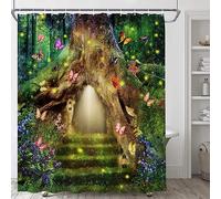 Enchanted Forest Shower Curtain Wonderland Fantasy Tree House Butterfly Spring Green Tree Meadow Floral Butterfly Elf Tropical Jungle Nature Landscape Bathroom Polyester Fabric Curtain with Hooks