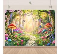 Enchanted Forest Spring Backdrop Fairy Tale Garden Woodland Photography Background for Birthday Party Baby Shower Spring Decorations Magic Fantasy Theme Cake Table Banner 8x6ft （Polyester）