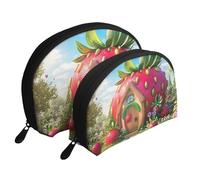 Enchanted Forest Strawberry Cottage Printed Makeup Bags 2-Piece Portable Shell Travel Toiletry Bag