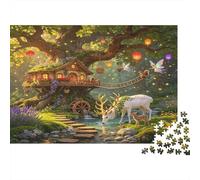 Enchanted Forest Treehouse 1000 Piece Jigsaw Puzzle Paper for Adults Magical Lights and Deer Focus and Relaxation Home Decor 38x26cm/1000pcs