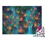 Enchanted Forest Treehouse 1000 Piece Jigsaw Puzzle Waterfall Night View Jigsaw Puzzle for Adults Relaxing Home Decor Gift 52x38cm/1000pcs