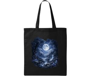 Enchanted Forest Under a Full Moon Natural Cotton Tote Bag Black