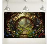 Enchanted Forest Wall Backdrop, Fanciful Nature Pathway Decorative Background, Colorful Floral and Mushroom Design for Photography Events, Outdoor/Indoor Party Decor 71x43 Inch