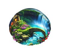 Enchanted Forest Waterfall Retreat Waterproof Reusable Shower Cap For Women - Elastic Hair Cover For Bath, Spa, Travel & Daily Use