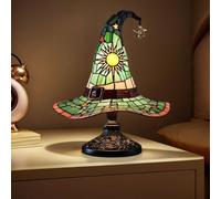 Enchanted Gothic Witch Hat Lamp: USB-Powered Witch Hat Stained Glass Night Light, Handmade Resin Table Lamp for Bedroom Decor & Halloween Party Ambiance
