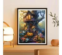 Enchanted Treehouse Cross Stitch Kit - 15.7" x 19.7"(40x50cm), Vibrant Garden & Cottage Design, DIY Embroidery Kit with Threads, Fabric & Guide, Fairy Tale Decor Gift