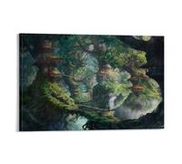 Enchanted Treehouse Village Art Print, Fantasy Forest with Hanging Bridges And Mysterious Landscape, Home Decor for Adults And Kids, Canvas Painting Poster Frame-20x30inch(50x75cm)