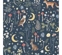Enchanted Twilight Navy Wallpaper - Floral Flowers Animal Print Woodland - Trendy Playroom Nursery Feature Wall