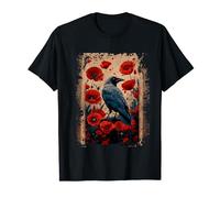 Enchanted Vintage Poppies Floral Crow Gothic Raven T-Shirt
