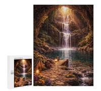 Enchanted Waterfall Cave Campsite Wooden Jigsaw Puzzle for Adults, 500 PCS - Winter Gift, with A Decorative Finished Picture