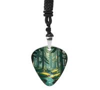 Enchanted Wilderness Fantasy on Dark Green Guitar Pick Holder Necklace for Women, Personalized Bass Pick Pendant for Men, Rock Music Picks Necklace with Chain for Party, Music Inspired Gift