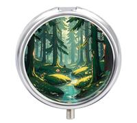Enchanted Wilderness Fantasy on Dark Green Pill Box Case 3 Compartment Travel Medicine Pill Organizer 3X A Day Portable Vitamin Organizer with Mirror Small Pillbox for Purse & Pocket Cute Daily Medic