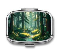 Enchanted Wilderness Fantasy on Dark Green Square Pill Box Travel Portable Pill Case 2 Compartment Medicine Metal Tablet Vitamin Holder Organizer for Purse Pocket