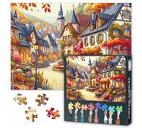 Enchanting 1000-Piece European Village Jigsaw Puzzle for Adults - Autumn Foliage & Cobblestone Streets Art with Premium Puzzle Board, Challenging Fall Landscape Puzzles, 27.5x19.7 Inches
